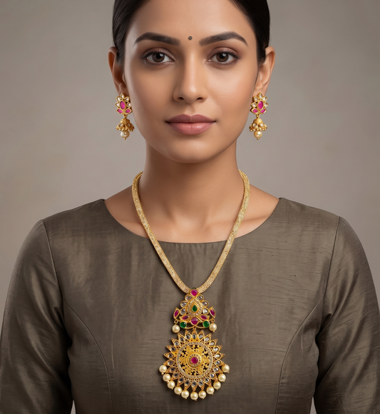 Gold tone Cz Ruby-emerald Flower Necklace Set-dj11020