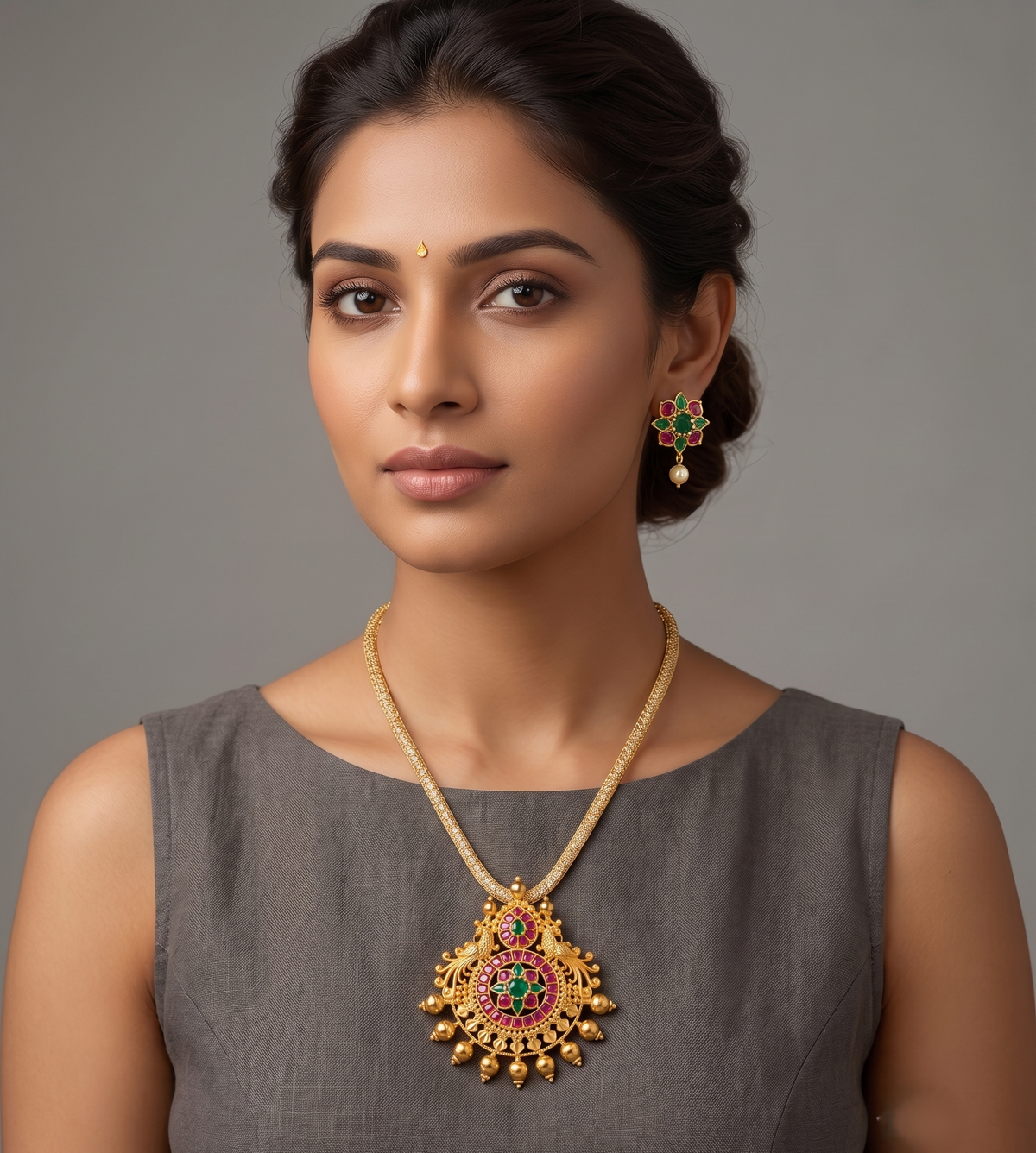 Gold tone Ruby-emerald Peacock Flower Pendant Necklace Set-dj11022