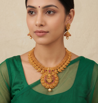 Matte finish ruby mango lakshmi necklace set-dj11024