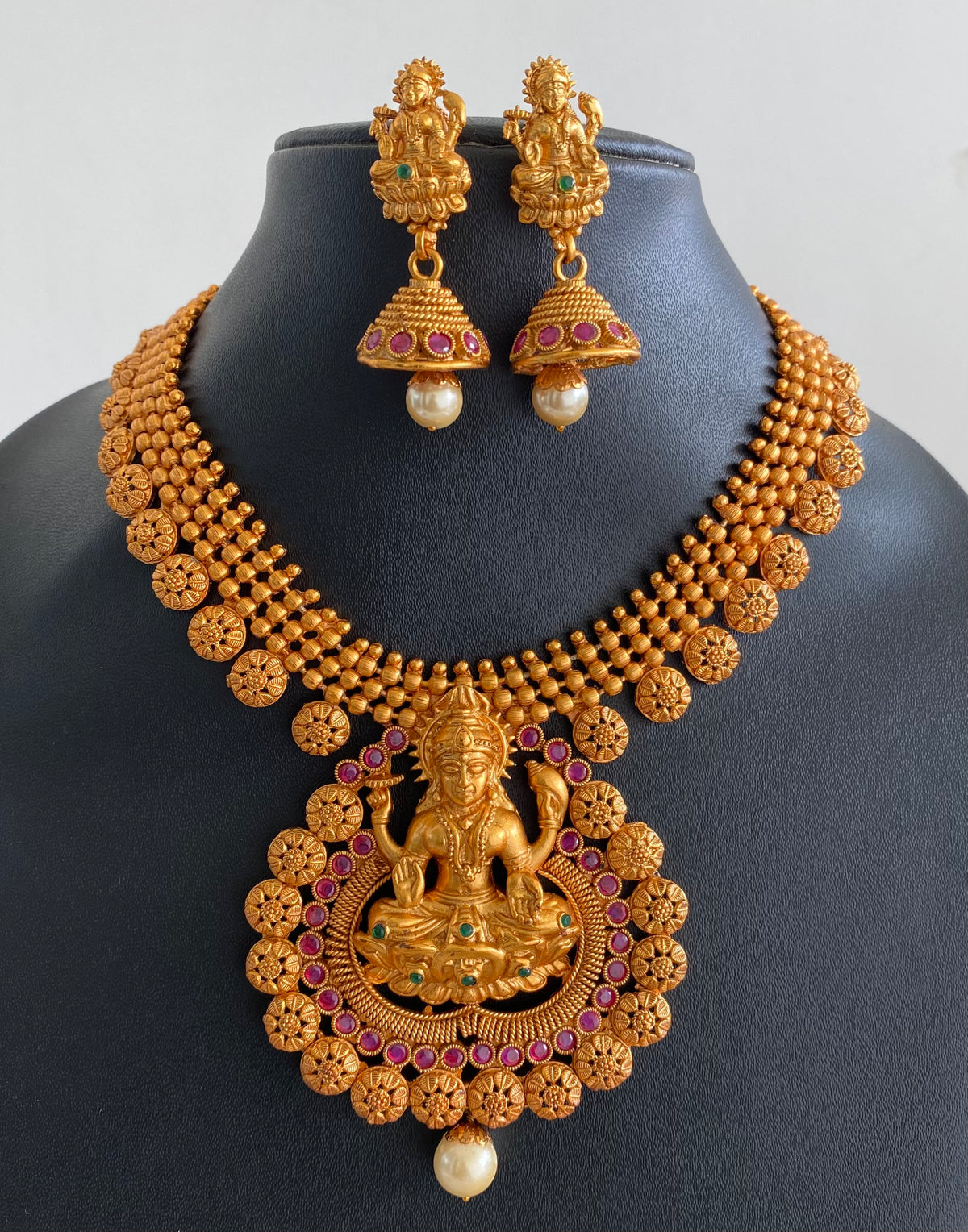 Matte finish ruby-emerald mango Lakshmi necklace set dj-11025