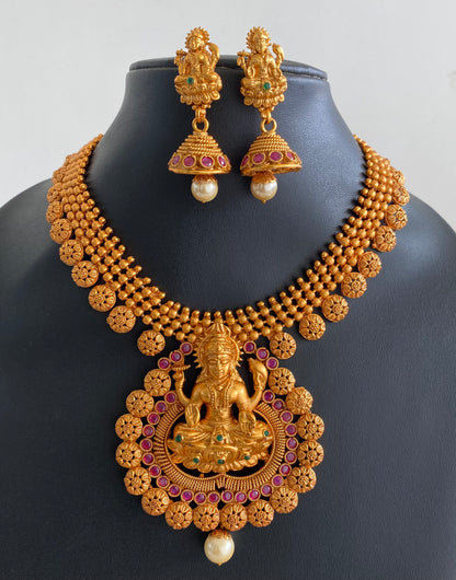 Matte finish ruby-emerald mango Lakshmi necklace set dj-11025
