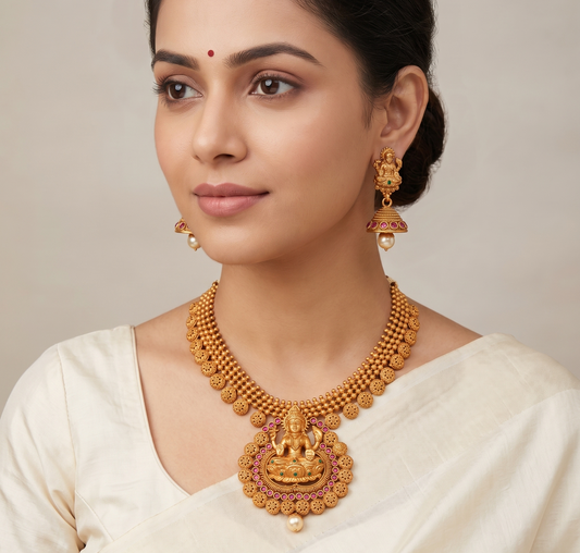 Matte finish ruby-emerald mango Lakshmi necklace set dj-11025