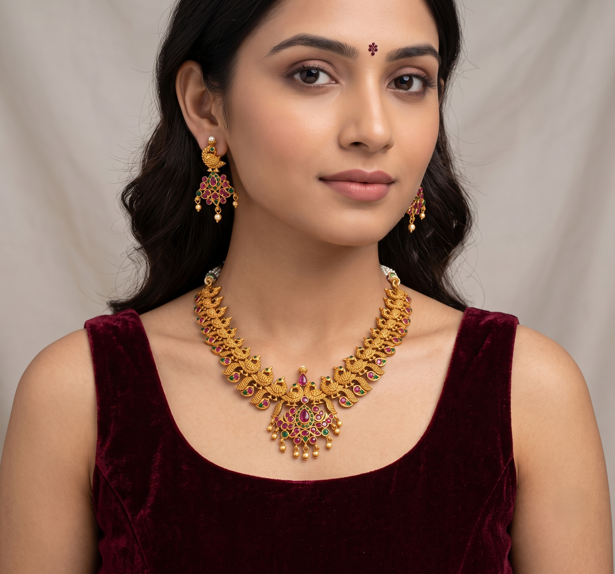 Matte finish ruby- emerald peacock necklace set dj-11036
