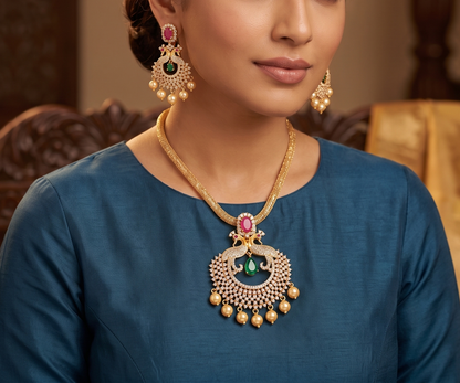 Gold Tone Cz Ruby-emerald Peacock Pendant Necklace Set -dj11040