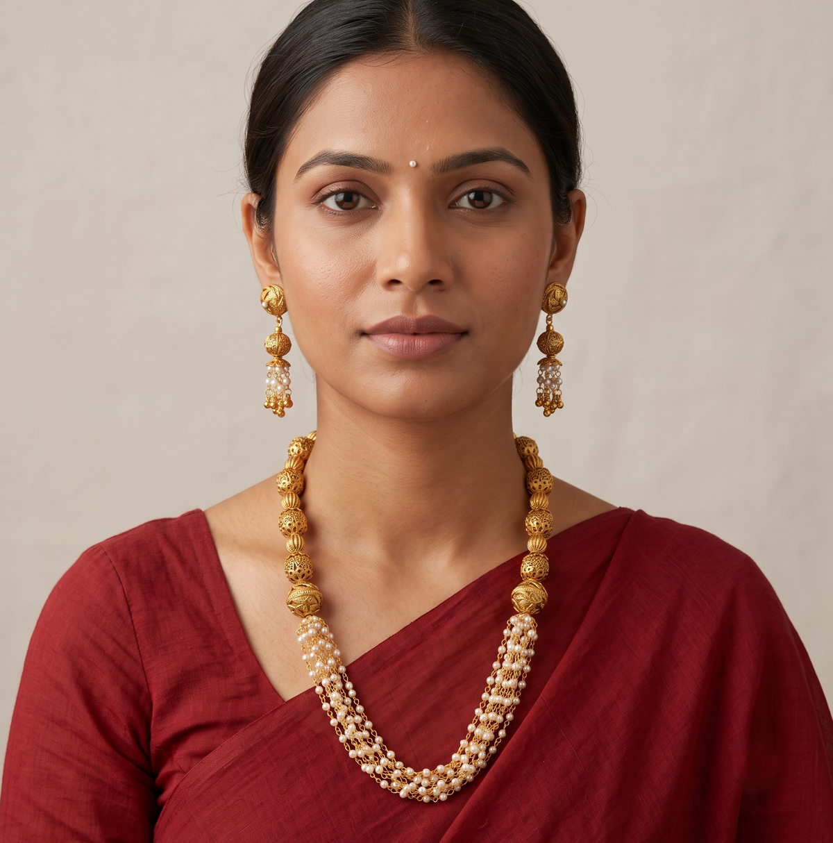 Antique gold tone beaded pearl necklace set dj-11079