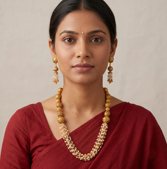 Antique gold tone beaded pearl necklace set dj-11079