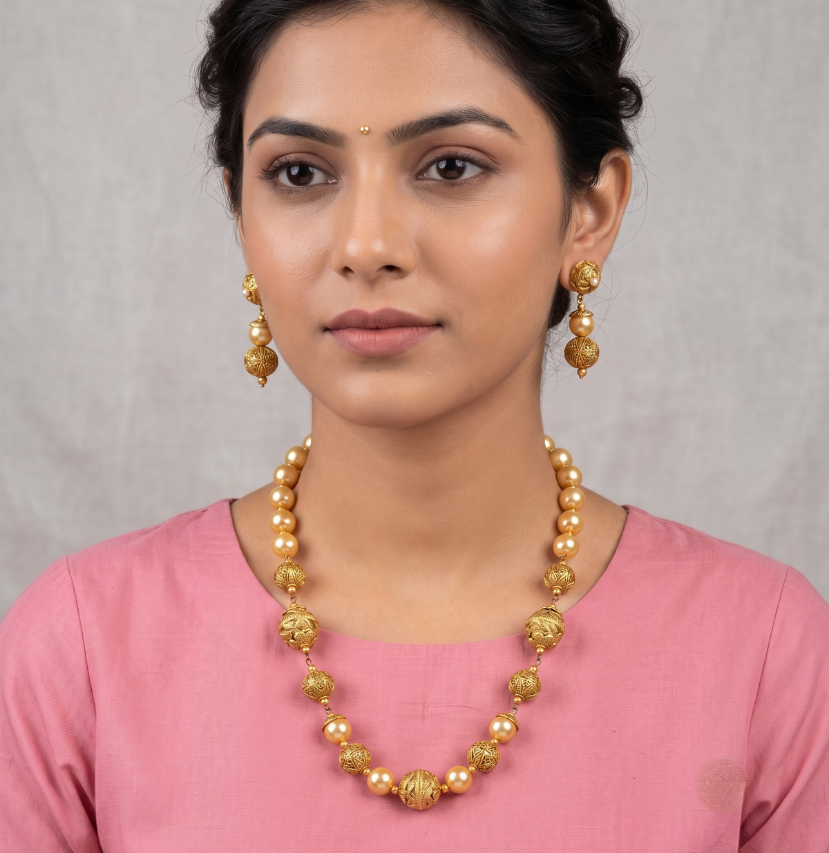 Antique gold tone pearl beaded necklace set dj-11082