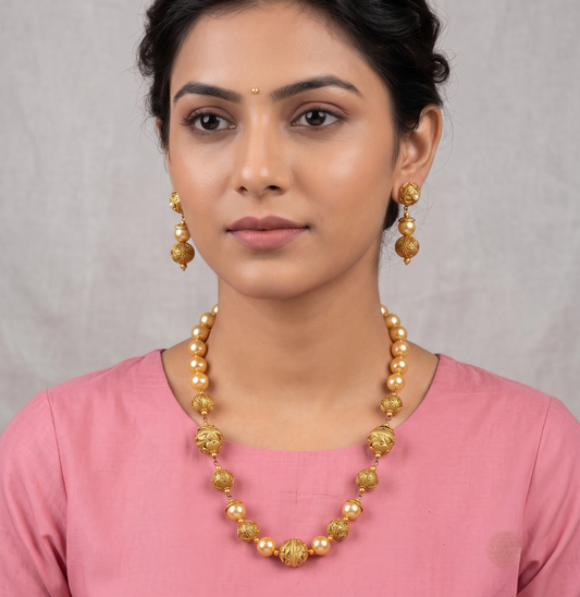 Antique gold tone pearl beaded necklace set dj-11082