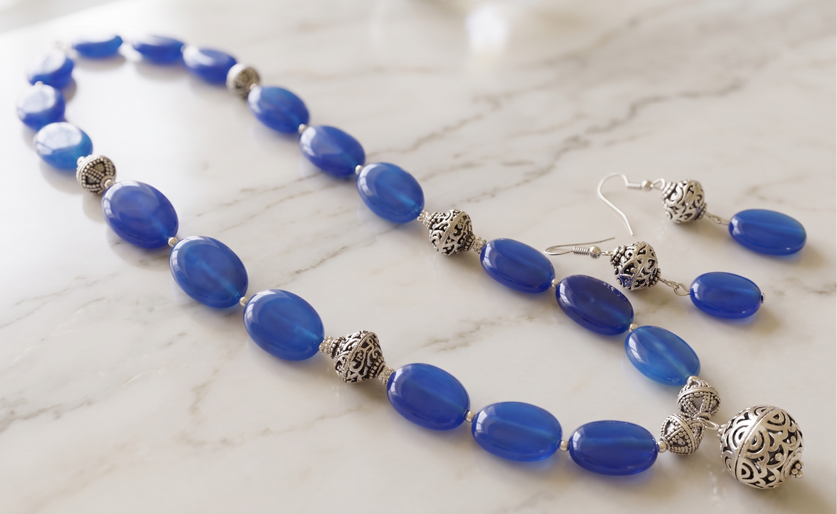 Silver tone Blue Beaded Necklace Set -dj11110
