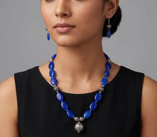 Silver tone Blue Beaded Necklace Set -dj11110