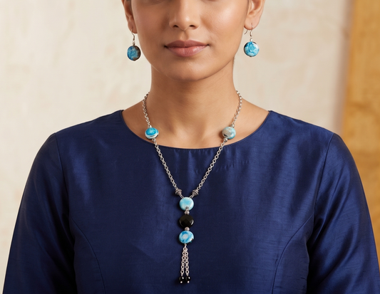 Silver tone Blue-Black bead Chain/Necklace Set -dj11113