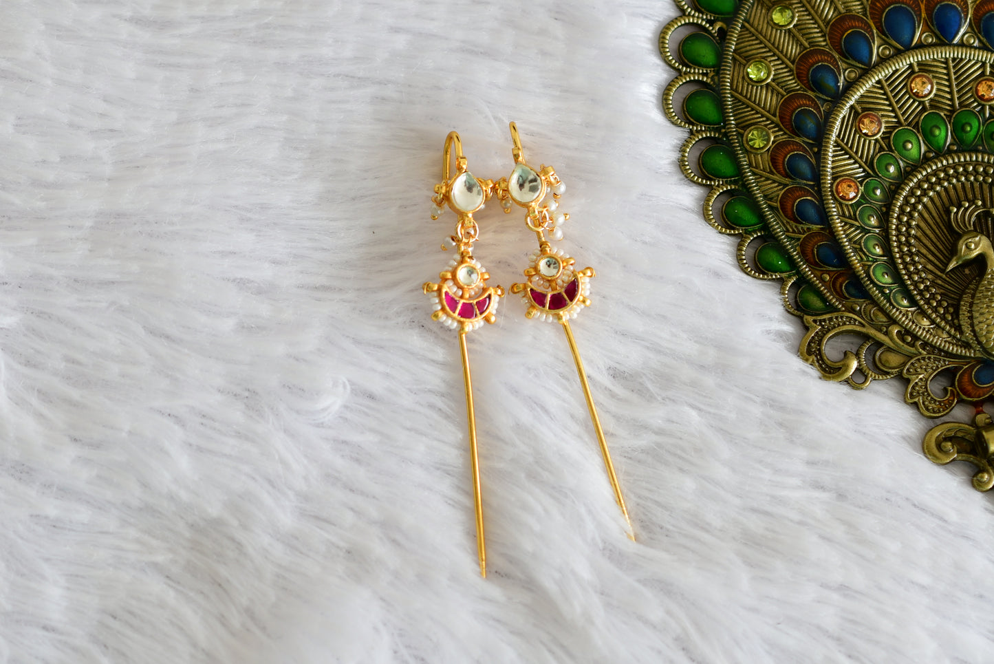 Gold tone pink-white kundan jadau moon bugadi needle earrings dj-52451