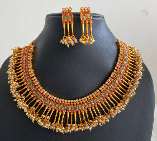 Matte finish ruby-emerald pearl necklace set dj-11123