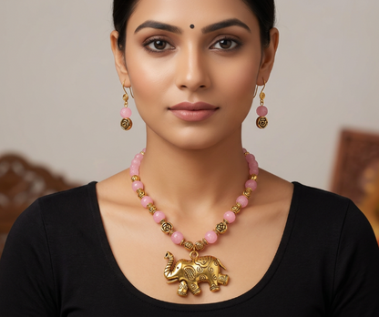 Antique gold tone Pink Beads Elephant Necklace Set -dj11131