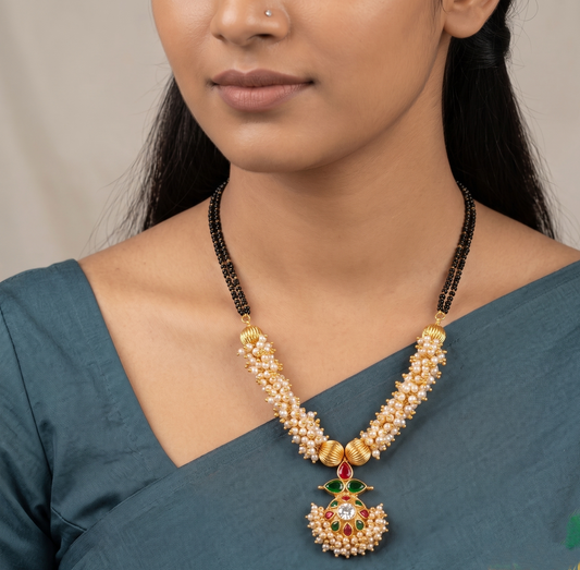 Gold tone pearl cluster red-green mangalsutra dj-11151