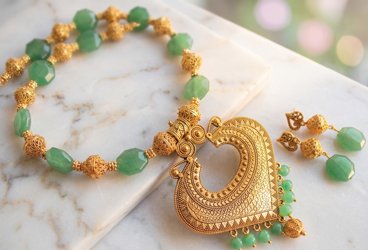 Antique gold tone Faceted Coin Green Bead Necklace Set -dj11163