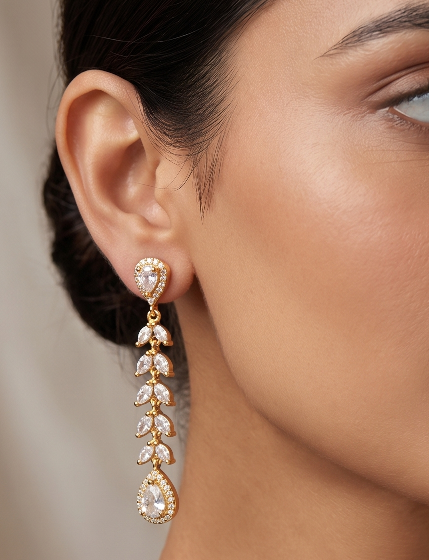 Gold tone White Stone Long Earrings -dj11173