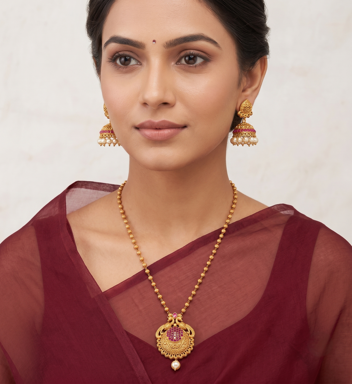 Matte Finish Ruby Pearl Peacock Necklace Set-dj11194