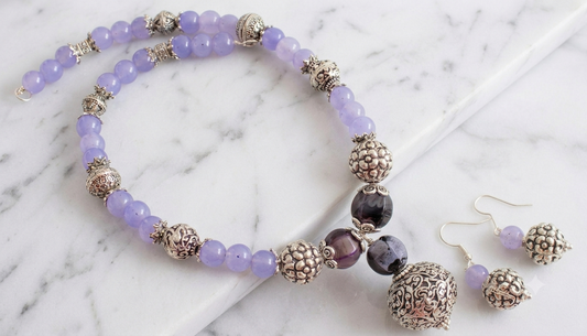 Silver Tone Lavender Agate Beaded Necklace Set-dj11196