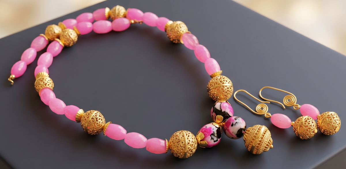 Antique Gold Tone Pink Agate Beaded Necklace Set-dj11198
