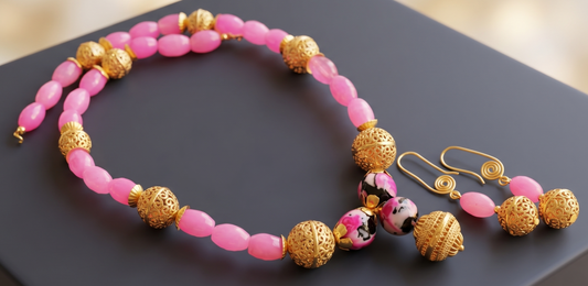 Antique Gold Tone Pink Agate Beaded Necklace Set-dj11198