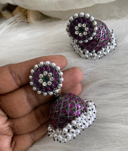 Black finish precious kemp-green-white stone pearl big jhumkka dj-53960