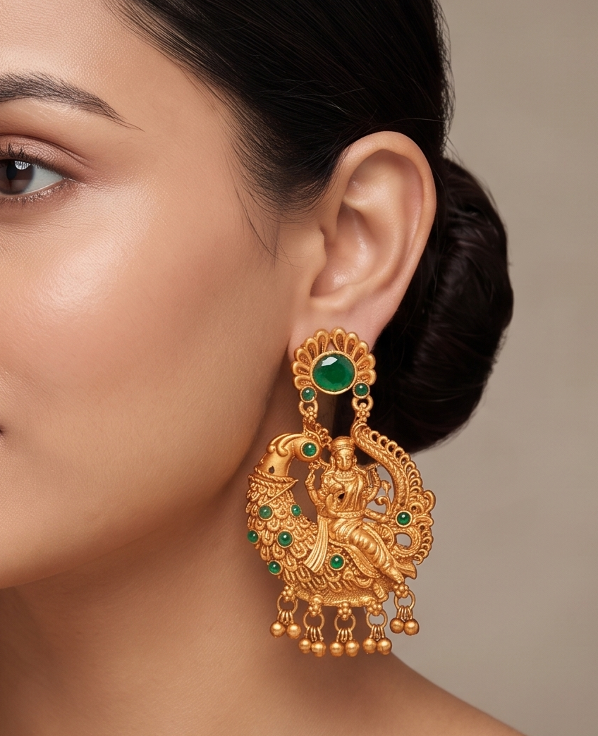 Matte Finish Emerald Lakshmi Peacock Earrings -dj11201