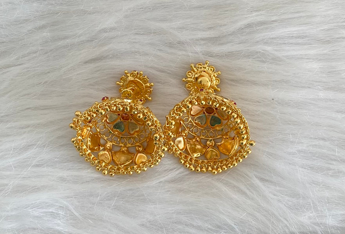 Gold tone kerala style pink-green 6 petal palakka jhumkka dj-54537