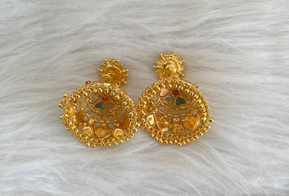 Gold tone kerala style pink-green 6 petal palakka jhumkka dj-54537