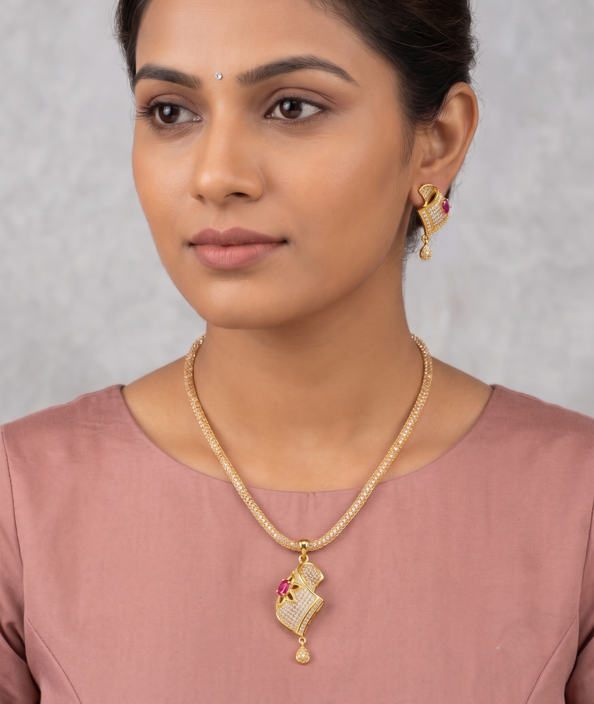 Gold tone Cz -ruby Pendant Necklace Set -dj11237