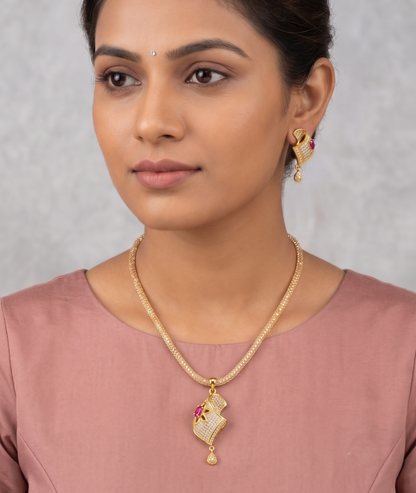 Gold tone Cz -ruby Pendant Necklace Set -dj11237