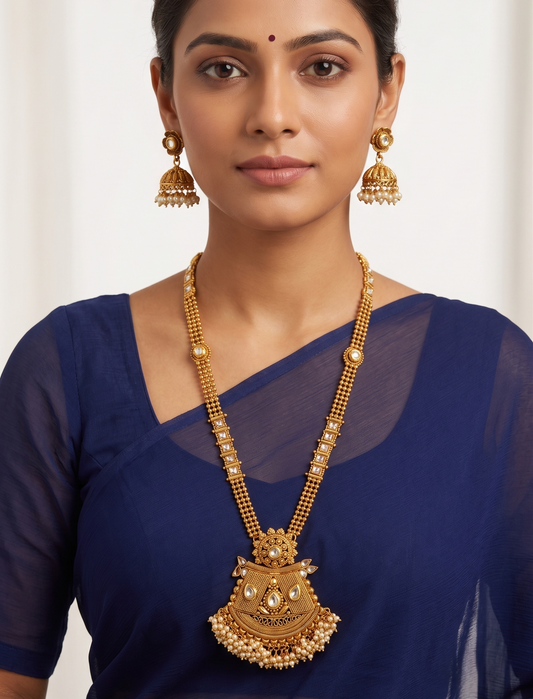 Antique gold tone pearl cluster kundan haar set dj-11243