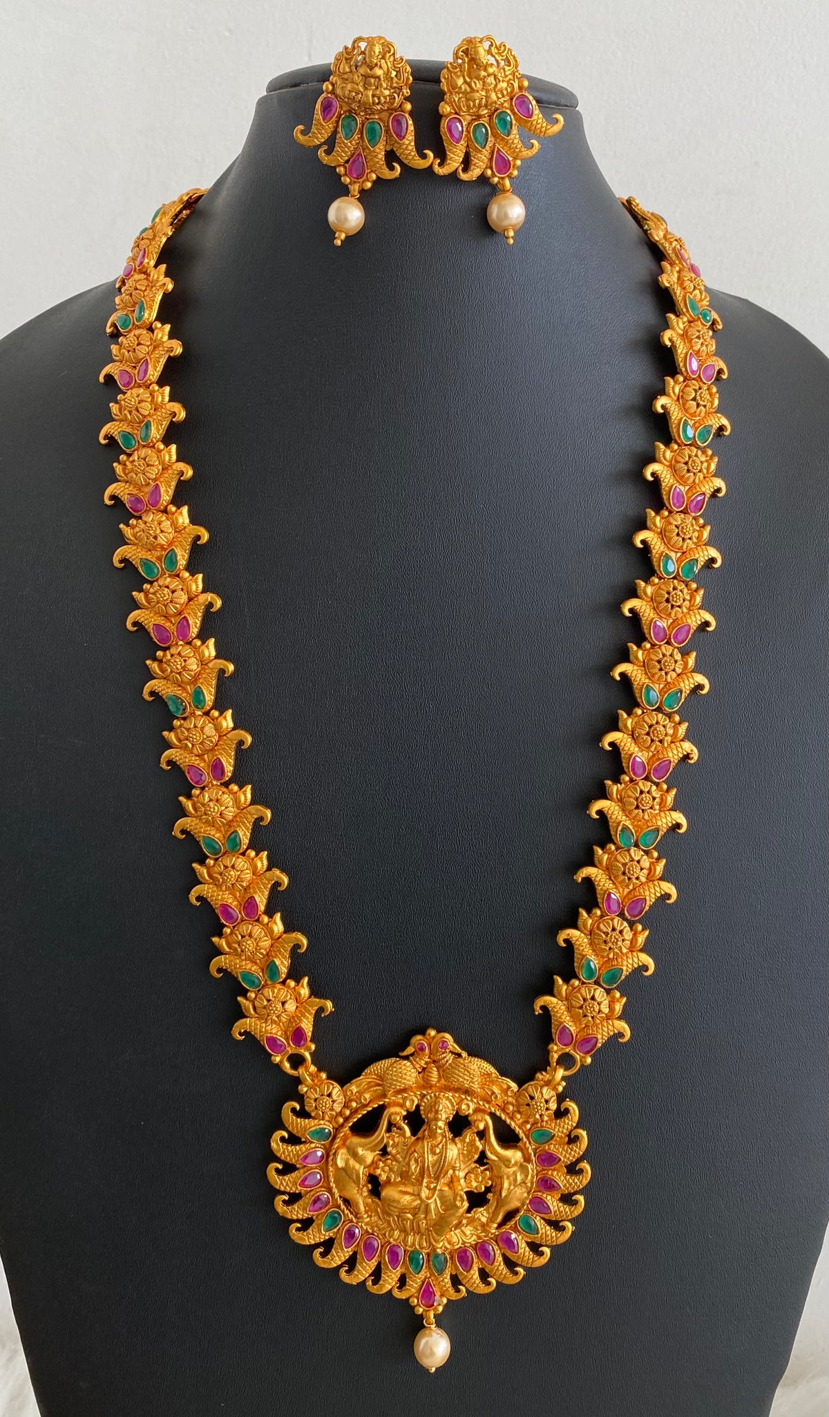Matte finish ruby-emerald Gajalakshmi haar set dj-11245