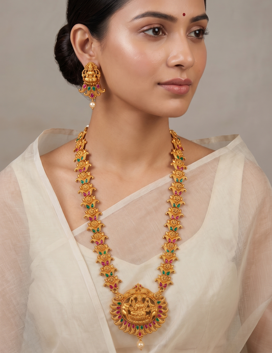 Matte finish ruby-emerald Gajalakshmi haar set dj-11245