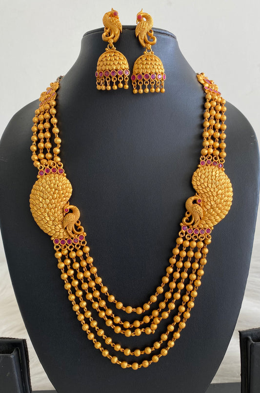 Matte Finish Ruby Peacock Mugappu Multilayer Necklace Set-dj11258