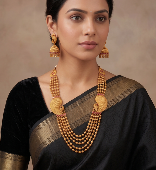 Matte Finish Ruby Peacock Mugappu Multilayer Necklace Set-dj11258