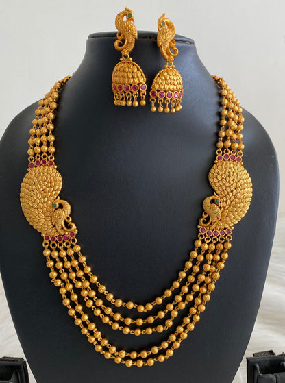 Matte Finish Ruby-emerald Peacock Mugappu Multilayer Necklace Set-dj11259