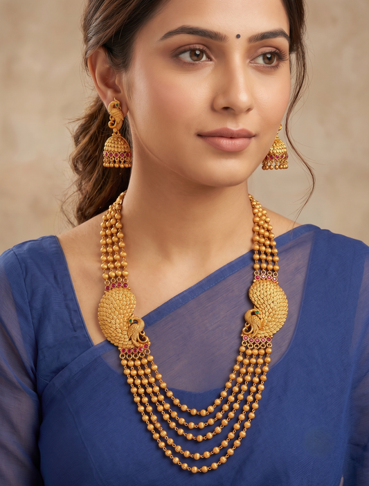 Matte Finish Ruby-emerald Peacock Mugappu Multilayer Necklace Set-dj11259
