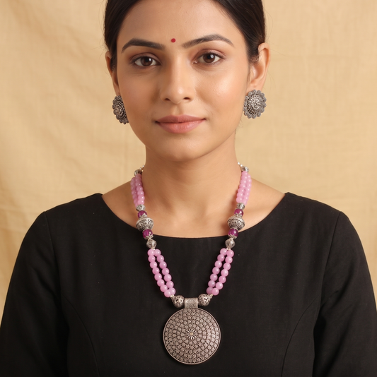 Oxidized silver tone Lavender Beads Round pendant Necklace Set-dj11262