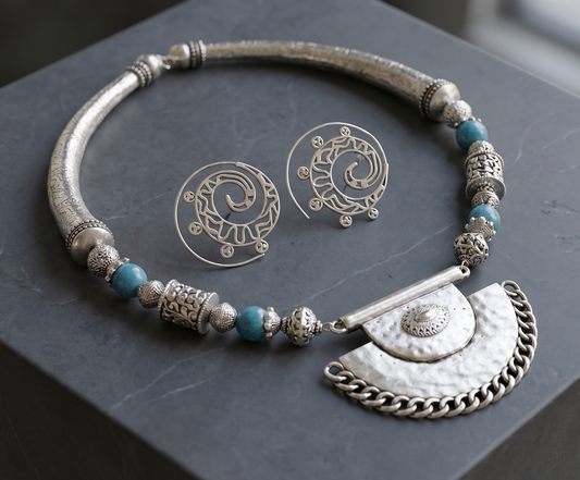 Silver Tone Blue bead Kante Necklace Set-dj11265