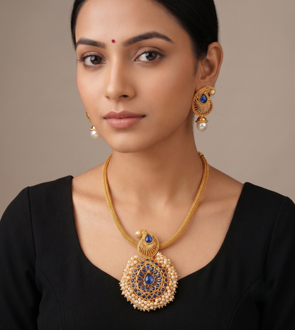 Antique Gold Tone Blue Pearl Cluster Mango Necklace Set DJ11286