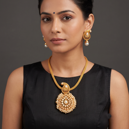 Antique Gold Tone Pearl Cluster Mango Necklace Set DJ11287