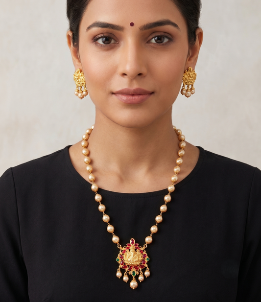 Gold Tone Kemp-green Pearl Necklace Set-dj11289