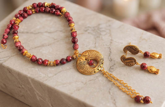 Antique gold tone Maroon Beads Fish Pendant Necklace Set-dj11301