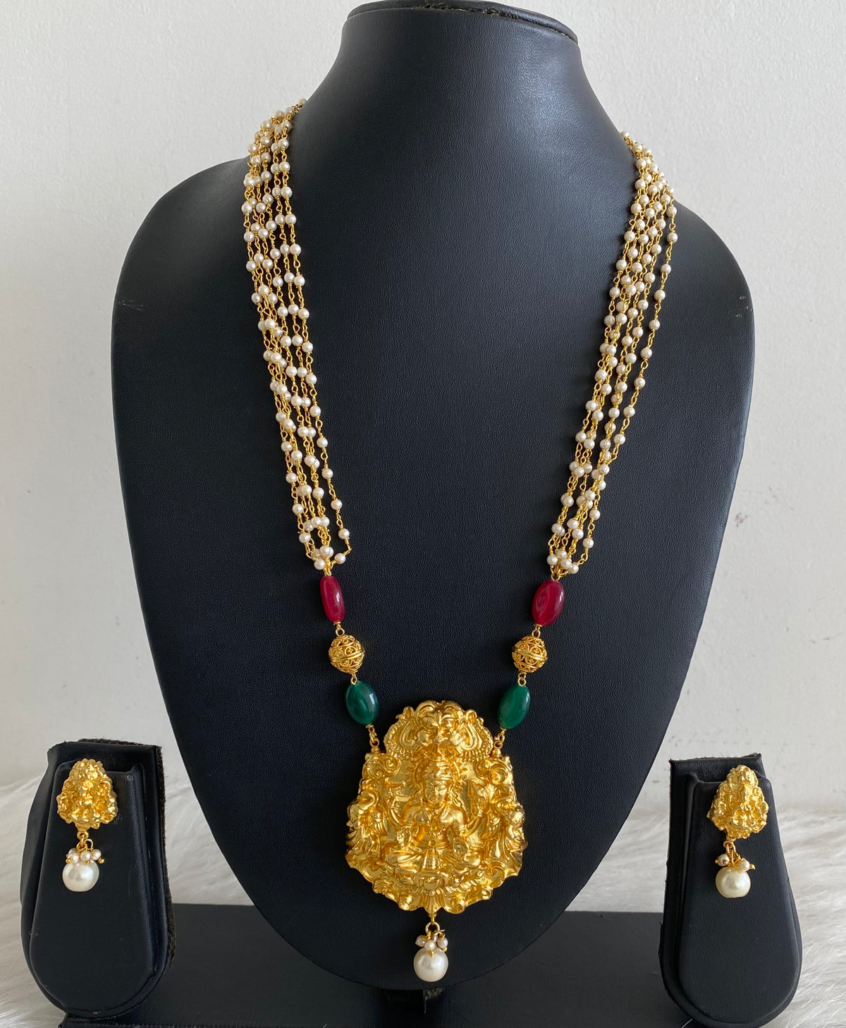 Gold tone Maroon-green Pearl Lakshmi Necklace Set- DJ11316