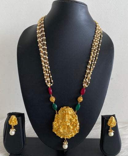 Gold tone Maroon-green Pearl Lakshmi Necklace Set- DJ11316