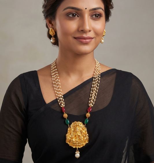Gold tone Maroon-green Pearl Lakshmi Necklace Set- DJ11316