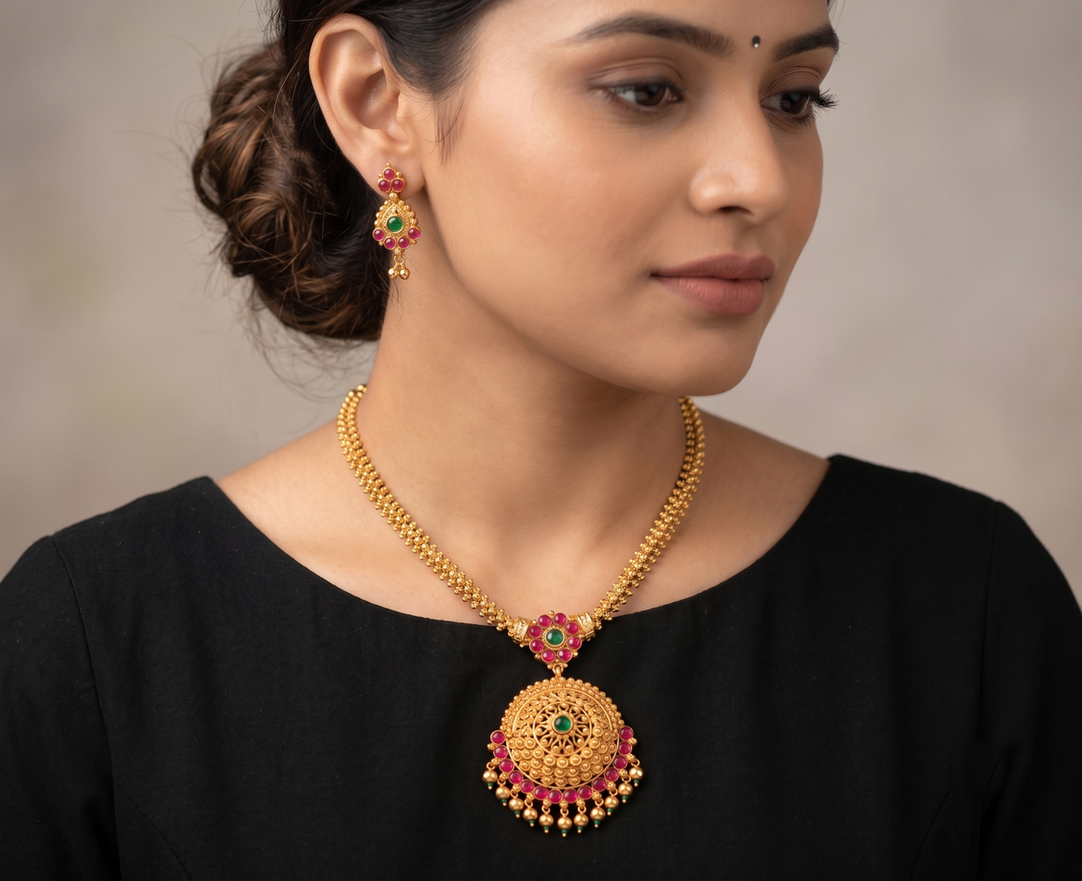 Gold Tone Real Kemp-green Round pendant Necklace Set dj-11332
