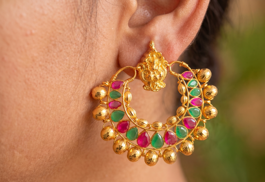 Gold Tone Ruby-emerald Lakshmi Bali Earrings- DJ11359
