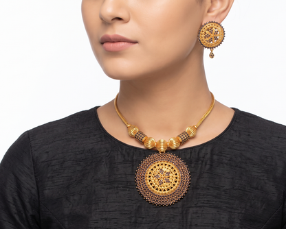 Gold tone AD Blue Round Pendant Necklace Set - DJ11369